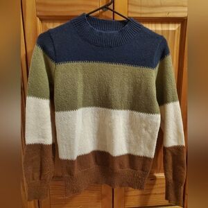 Blue and Green Crew Neck Sweater with Cozy Knit Texture